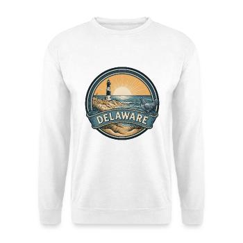 Delaware Cape Henlopen Retro-Reiseabzeichen - Unisex Pullover - Weiß - Vorne - Alina (178cm) & Michal (187cm)