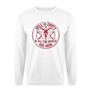 Hölle Teufel Baphomet Spruch Zitat Hell is Empty - Unisex Pullover - Weiß - Vorne - Alina (178cm) & Michal (187cm)