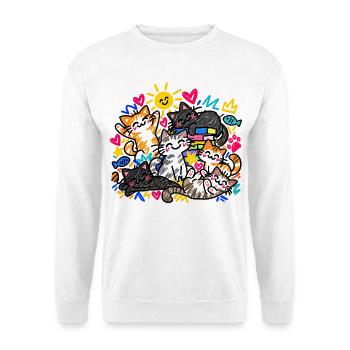 Katzen Doodle Katzenliebe Bunte Katzen Geschenk - Unisex Pullover - Weiß - Vorne - Alina (178cm) & Michal (187cm)