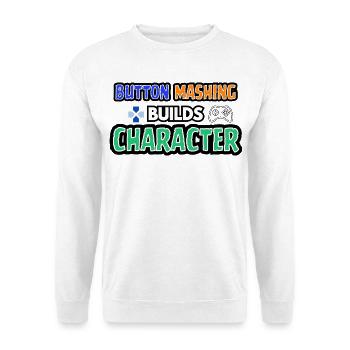 Button-Mashing baut einen Charakter auf - Unisex Pullover - Weiß - Vorne - Alina (178cm) & Michal (187cm)