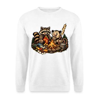 Waschbär & Opossum am Lagerfeuer – Camping - Unisex Pullover - Weiß - Vorne - Alina (178cm) & Michal (187cm)