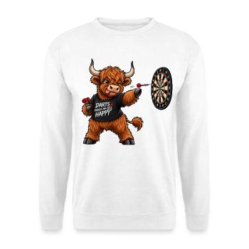 Highland Cattle beim Dart – Lustiges Schottlandmot - Unisex Pullover - Weiß - Vorne - Alina (178cm) & Michal (187cm)
