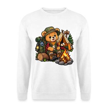 Teddy beim Camping – Süßes Outdoor Motiv - Unisex Pullover - Weiß - Vorne - Alina (178cm) & Michal (187cm)