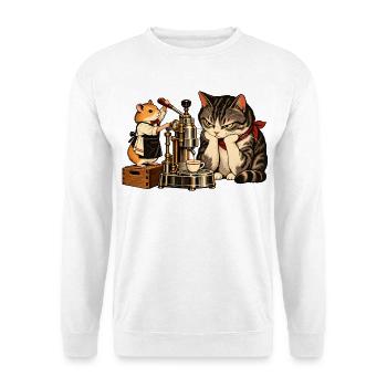 Hamster & Katze beim Espresso-Machen – Kaffee - Unisex Pullover - Weiß - Vorne - Alina (178cm) & Michal (187cm)