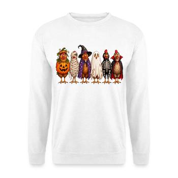 Halloween Chickens in Costumes Pumpkin Witch Ghost - Unisex Pullover - Weiß - Vorne - Alina (178cm) & Michal (187cm)