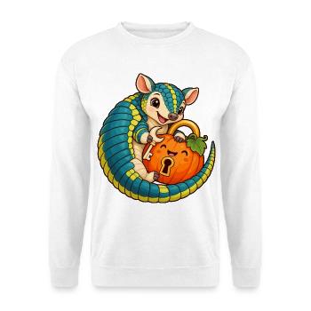 Kuscheliger Armadillo mit Kürbis-Schloss - Unisex Pullover - Weiß - Vorne - Alina (178cm) & Michal (187cm)