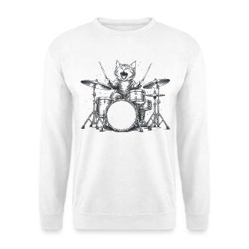 Katze Schlagzeuger Drummer Rock Musik Geschenk - Unisex Pullover - Weiß - Vorne - Alina (178cm) & Michal (187cm)