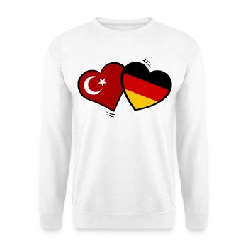 Türkei Deutschland Herzenflaggen - Unisex Pullover - Weiß - Vorne - Alina (178cm) & Michal (187cm)