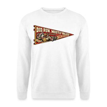 Ich bin gerannt, bin meistens spazieren gegangen – Laufender Humor - Unisex Pullover - Weiß - Vorne - Alina (178cm) & Michal (187cm)