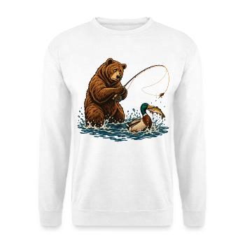 Bär & Ente beim Fliegenfischen – Outdoor - Unisex Pullover - Weiß - Vorne - Alina (178cm) & Michal (187cm)