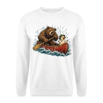 Bär & Ente im Kanu – Regen & Outdoor - Unisex Pullover - Weiß - Vorne - Alina (178cm) & Michal (187cm)
