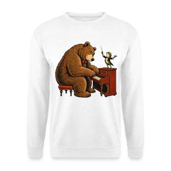 Bär & Frosch am Klavier – Lustiges Musikmotiv - Unisex Pullover - Weiß - Vorne - Alina (178cm) & Michal (187cm)