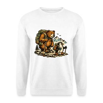 Bär & Pinguin beim Wandern – Outdoor Abenteuer - Unisex Pullover - Weiß - Vorne - Alina (178cm) & Michal (187cm)