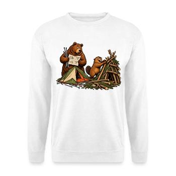 Bär & Biber beim Zeltaufbau – Camping - Unisex Pullover - Weiß - Vorne - Alina (178cm) & Michal (187cm)