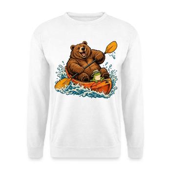 Bär & Frosch im Kajak – Outdoor Abenteuer - Unisex Pullover - Weiß - Vorne - Alina (178cm) & Michal (187cm)
