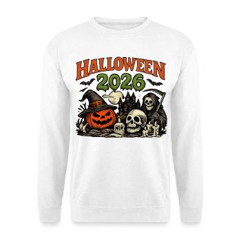 Halloween 2026 Kürbis und Skelette - Unisex Pullover - Weiß - Vorne - Alina (178cm) & Michal (187cm)