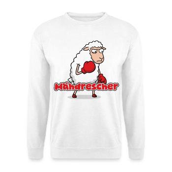 Boxendes Schaf mit Mähdrescher-Punch - Unisex Pullover - Weiß - Vorne - Alina (178cm) & Michal (187cm)