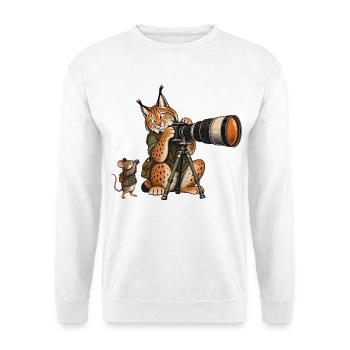 Luchs & Maus beim Fotografieren – Wald & Outdoor - Unisex Pullover - Weiß - Vorne - Alina (178cm) & Michal (187cm)