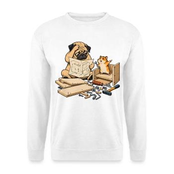 Mops & Hamster beim Heimwerken – Heimwerker - Unisex Pullover - Weiß - Vorne - Alina (178cm) & Michal (187cm)