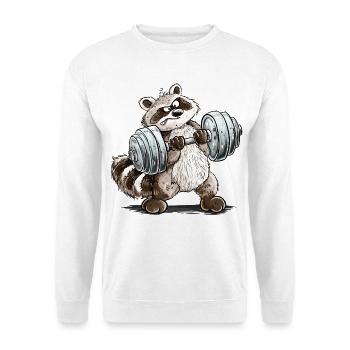 Waschbär Hantel Workout Fitness Kraftsport Humor - Unisex Pullover - Weiß - Vorne - Alina (178cm) & Michal (187cm)