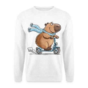 Capybara auf Roller Lustiges Tiermotiv Scooter - Unisex Pullover - Weiß - Vorne - Alina (178cm) & Michal (187cm)