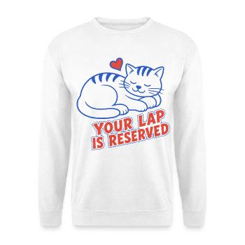 Schlafende Katze – Your Lap Is Reserved - Unisex Pullover - Weiß - Vorne - Alina (178cm) & Michal (187cm)