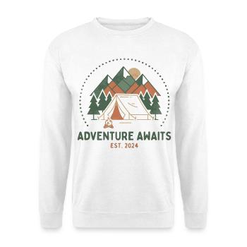 Abenteuer wartet Bergcamping - Unisex Pullover - Weiß - Vorne - Alina (178cm) & Michal (187cm)