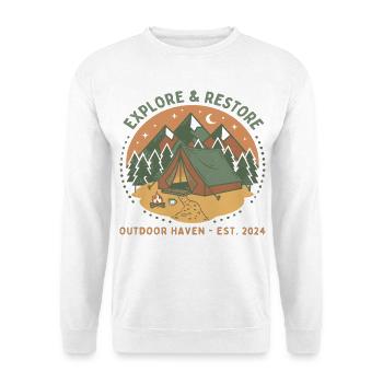 Explore & Restore Outdoor Haven - Unisex Pullover - Weiß - Vorne - Alina (178cm) & Michal (187cm)