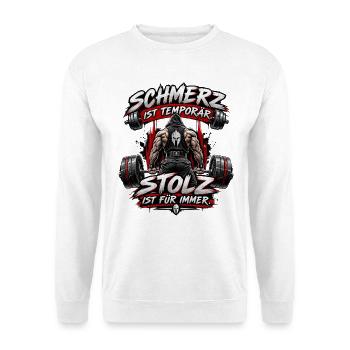 Fitness Schmerz ist temporär Stolz - Unisex Pullover - Weiß - Vorne - Alina (178cm) & Michal (187cm)