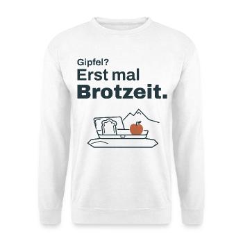 Gipfel? Erst mal Brotzeit – Wandern - Unisex Pullover - Weiß - Vorne - Alina (178cm) & Michal (187cm)