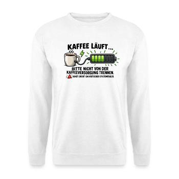 Kaffee läuft, Akku lädt – Geschenk Büro - Unisex Pullover - Weiß - Vorne - Alina (178cm) & Michal (187cm)