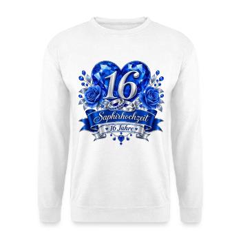 16.Hochzeitstag , Saphirhochzeit 16 Jahre  - Unisex Pullover - Weiß - Vorne - Alina (178cm) & Michal (187cm)