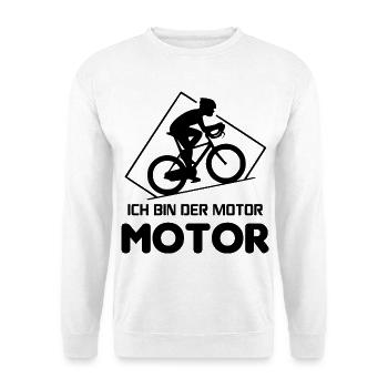 Ich bin der Motor Fahrradfahrer Sprüche Raddfahrer - Unisex Pullover - Weiß - Vorne - Alina (178cm) & Michal (187cm)
