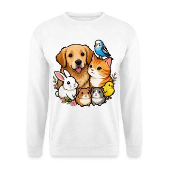 Bunte Tierfreunde 🐶🐱🐰🐹🐥🦜 - Unisex Pullover - Weiß - Vorne - Alina (178cm) & Michal (187cm)