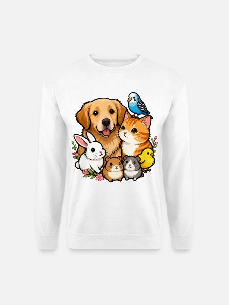 Bunte Tierfreunde 🐶🐱🐰🐹🐥🦜 - Unisex Pullover - Weiß