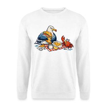 Möwe & Krabbe beim Strandpicknick – Küste - Unisex Pullover - Weiß - Vorne - Alina (178cm) & Michal (187cm)