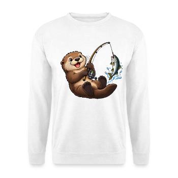 Seeotter beim Angeln – Lustiges Angelmotiv - Unisex Pullover - Weiß - Vorne - Alina (178cm) & Michal (187cm)