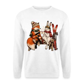 Rotfuchs & Schneehase beim Après-Ski - Unisex Pullover - Weiß - Vorne - Alina (178cm) & Michal (187cm)