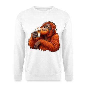 Orang-Utan mit Latte Macchiato – Kaffeepause - Unisex Pullover - Weiß - Vorne - Alina (178cm) & Michal (187cm)