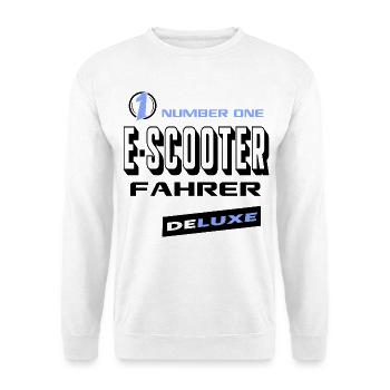 E-Scooter Fahrer Number One Deluxe Bester Biker - Unisex Pullover - Weiß - Vorne - Alina (178cm) & Michal (187cm)