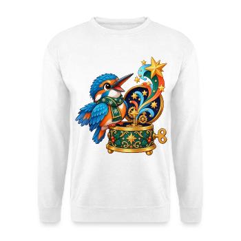 Eisvogel mit Kometen-Spieluhr - Unisex Pullover - Weiß - Vorne - Alina (178cm) & Michal (187cm)