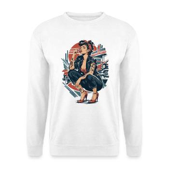 Rockabilly Pin-Up Girl: Rebellin mit Kirsche - Unisex Pullover - Weiß - Vorne - Alina (178cm) & Michal (187cm)