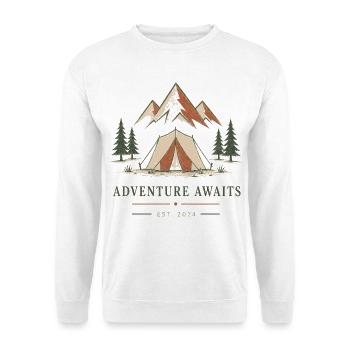 Abenteuer wartet Zelt & Berge - Unisex Pullover - Weiß - Vorne - Alina (178cm) & Michal (187cm)