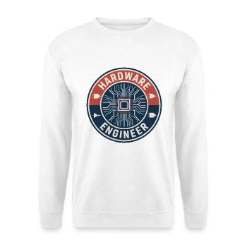 Vintage Computer Hardware Engineer Chip-Abzeichen oben - Unisex Pullover - Weiß - Vorne - Alina (178cm) & Michal (187cm)