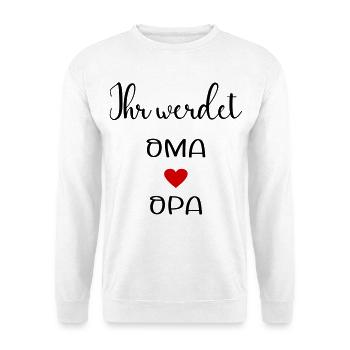 Oma Opa Babymitteilung - Unisex Pullover - Weiß - Vorne - Alina (178cm) & Michal (187cm)