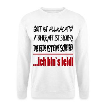 Erde Scheibe Gott Allmächtig Sprüche Floskel  - Unisex Pullover - Weiß - Vorne - Alina (178cm) & Michal (187cm)