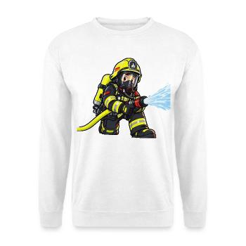Kleiner Feuerwehrheld – Atemschutz Feuerwehr Kinde - Unisex Pullover - Weiß - Vorne - Alina (178cm) & Michal (187cm)