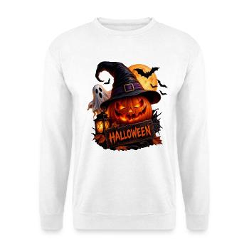 Halloween Kürbis Hexenhut Geist Fledermäuse - Unisex Pullover - Weiß - Vorne - Alina (178cm) & Michal (187cm)