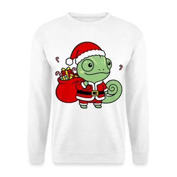 Süße Weihnachts-Chamäleon-Weihnachtsmann-Geschenktasche - Unisex Pullover - Weiß - Vorne - Alina (178cm) & Michal (187cm)