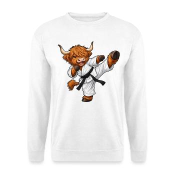 Highland Cattle beim Karate – Kuh mit Kampfgeist - Unisex Pullover - Weiß - Vorne - Alina (178cm) & Michal (187cm)